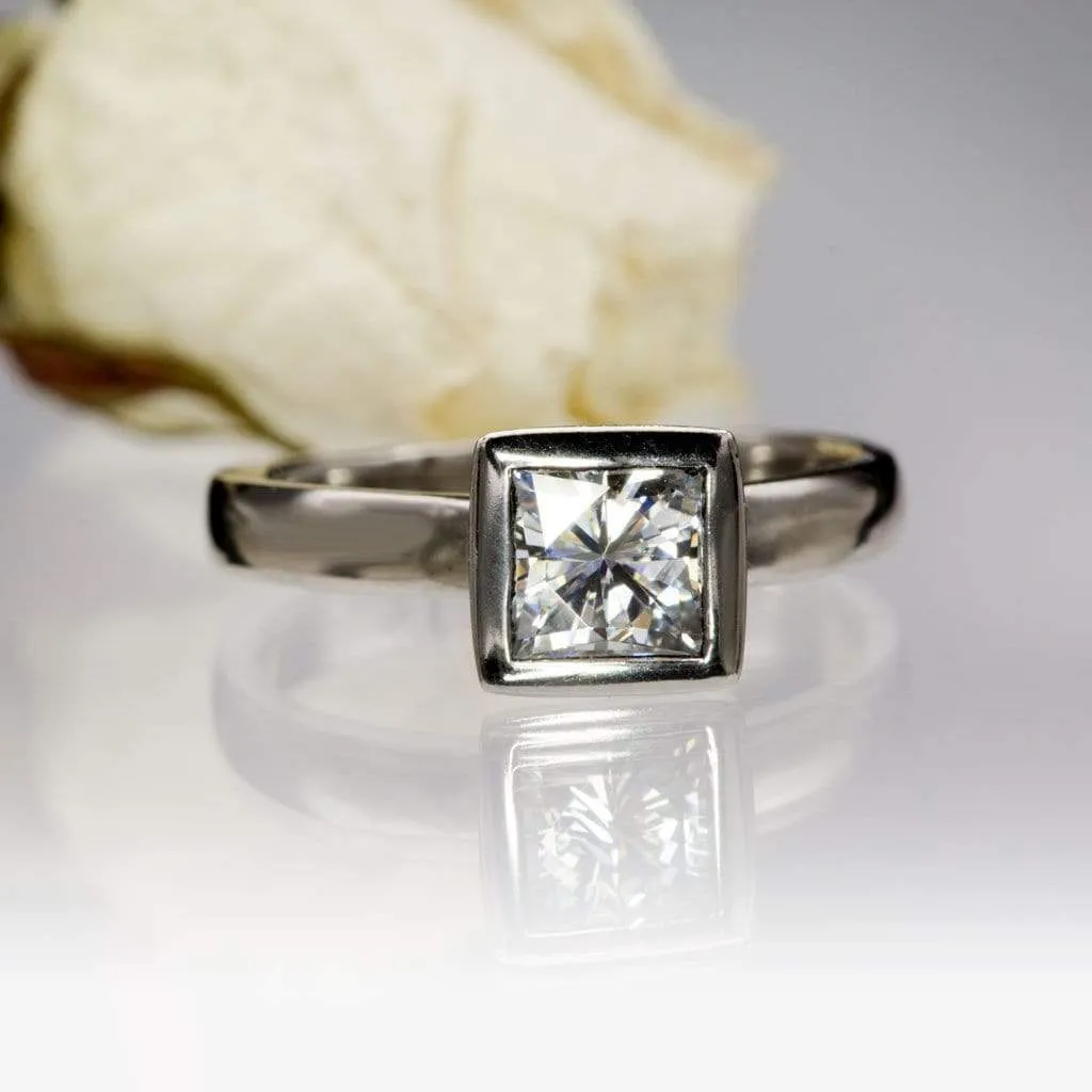 Princess Cut Moissanite Bezel Solitaire Engagement Ring