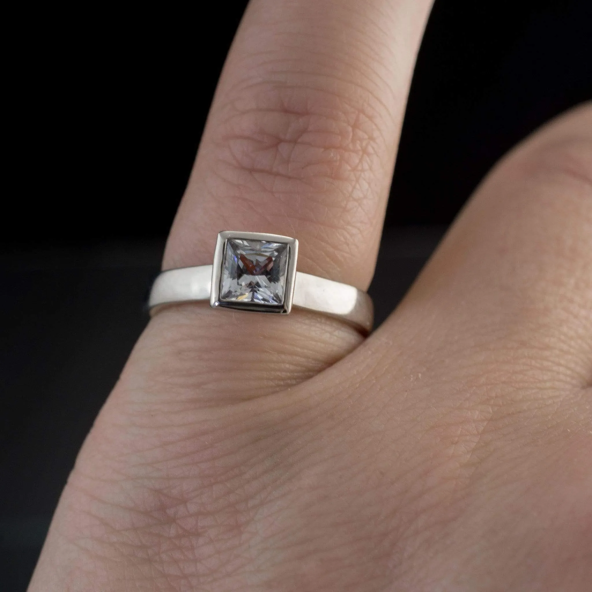 Princess Cut Moissanite Bezel Solitaire Engagement Ring