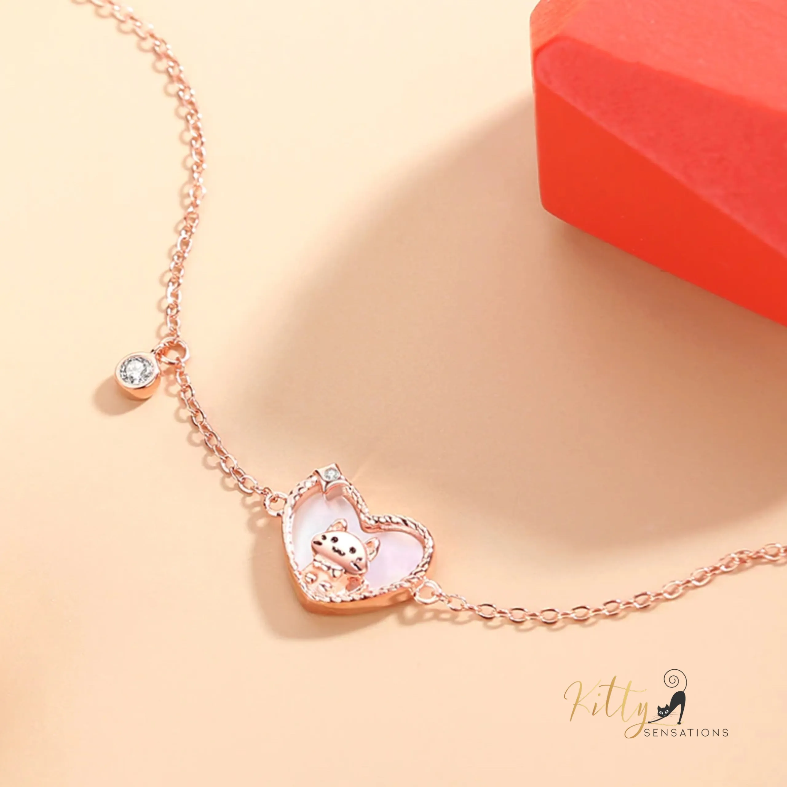 Raised Kitty in Heart Bracelet in Solid 925 Sterling Silver - Rose Gold Plated