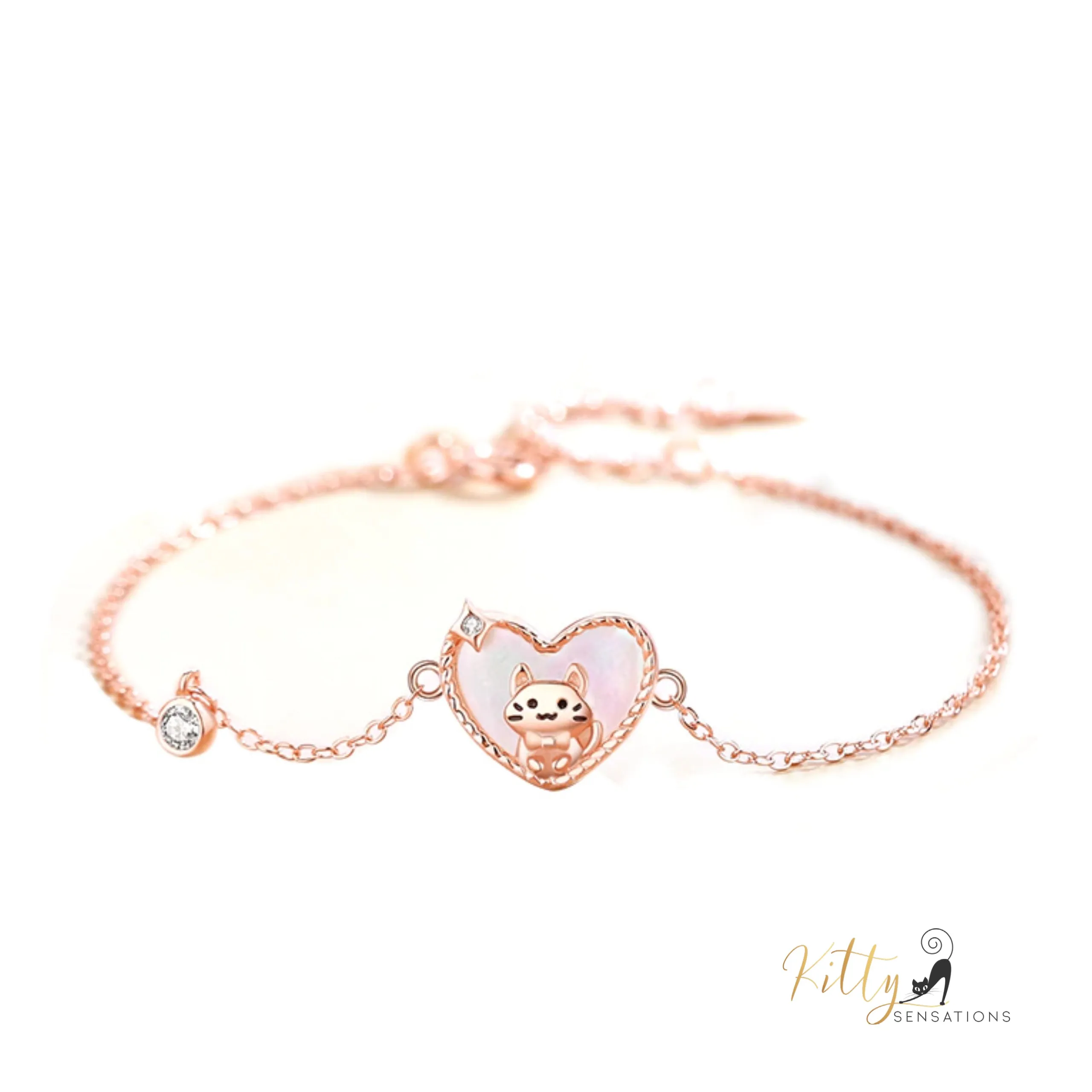 Raised Kitty in Heart Bracelet in Solid 925 Sterling Silver - Rose Gold Plated