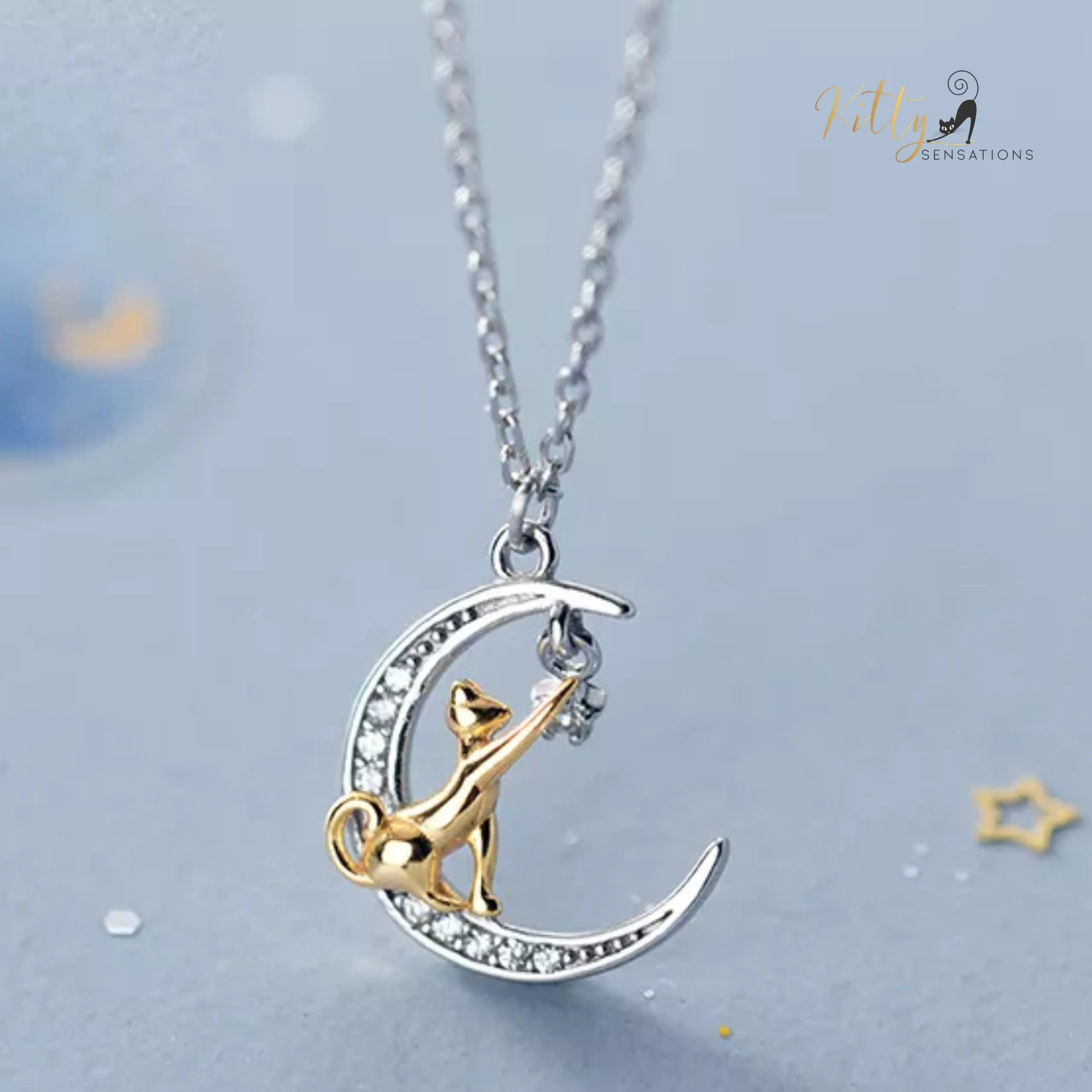 Reaching-for-The-Stars Cat Necklace in Solid 925 Sterling Silver (Gold Plated)