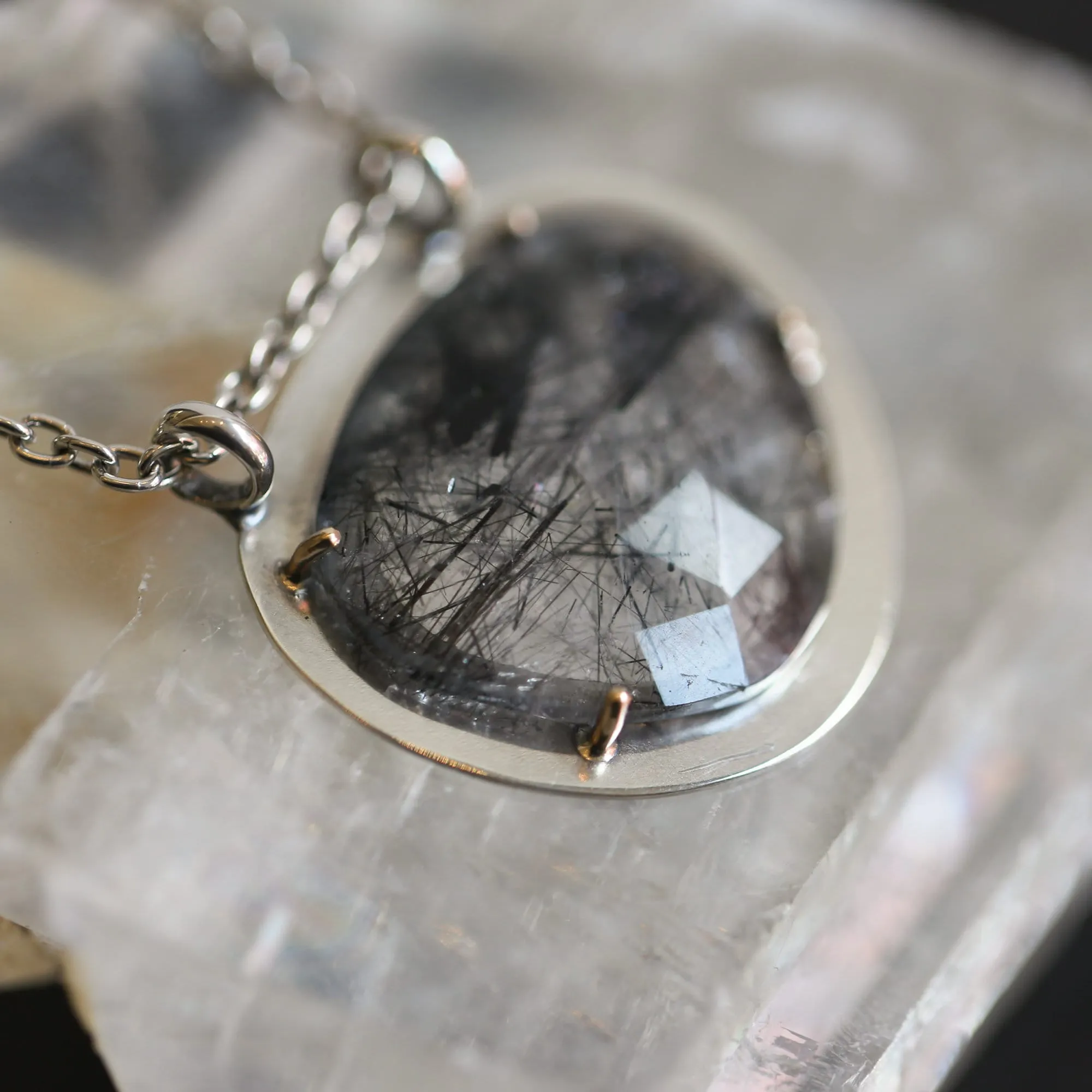 Ready to Ship - Tourminilated Quartz Pendant - 14K Gold Prong Pendant - Sterling Silver Necklace