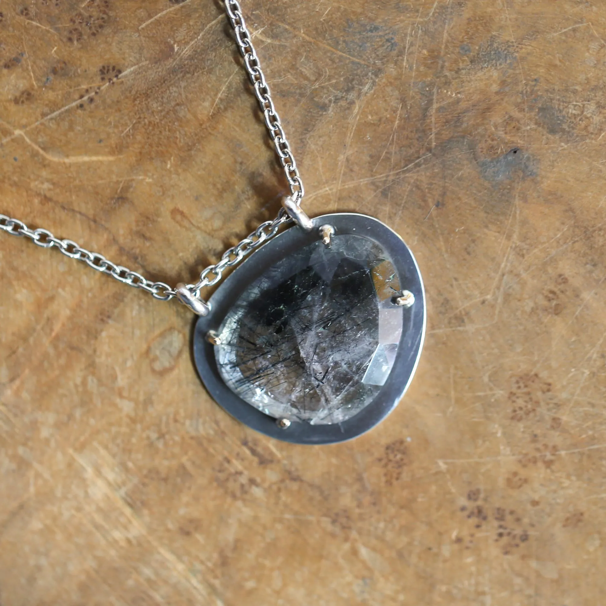 Ready to Ship - Tourminilated Quartz Pendant - 14K Gold Prong Pendant - Sterling Silver Necklace