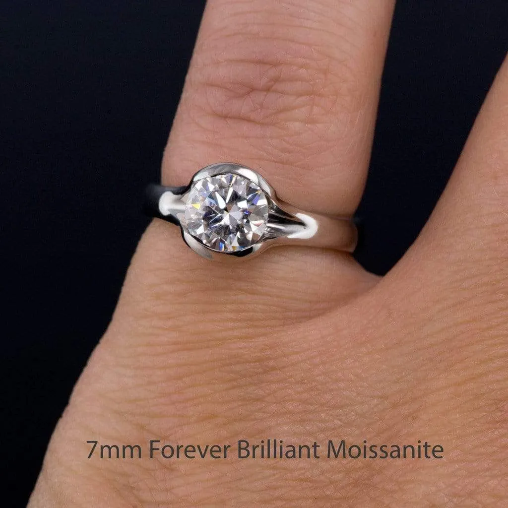 Round Moissanite Fold Semi-Bezel Set Solitaire Engagement Ring