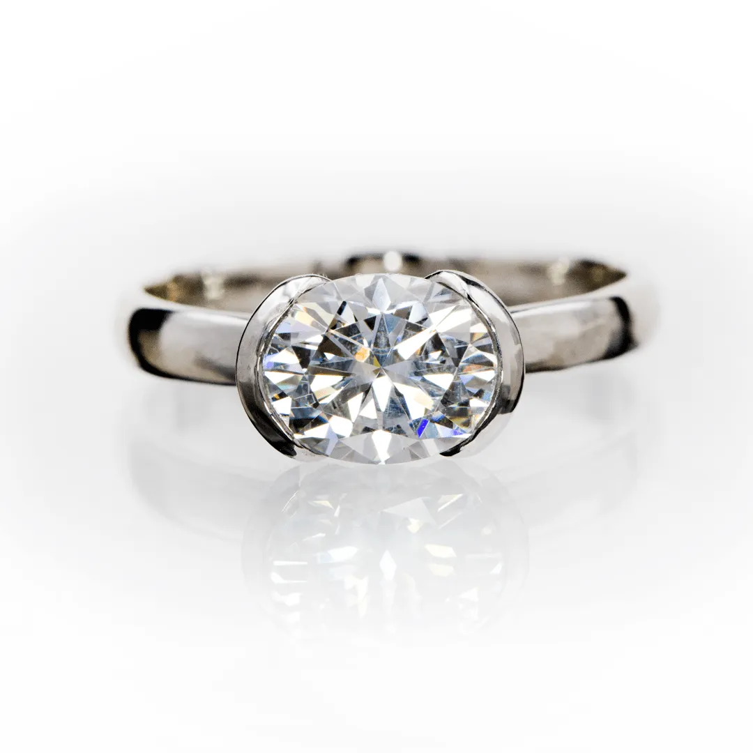 Sideways Oval Moissanite Ring Half Bezel Halley Solitaire Engagement Ring