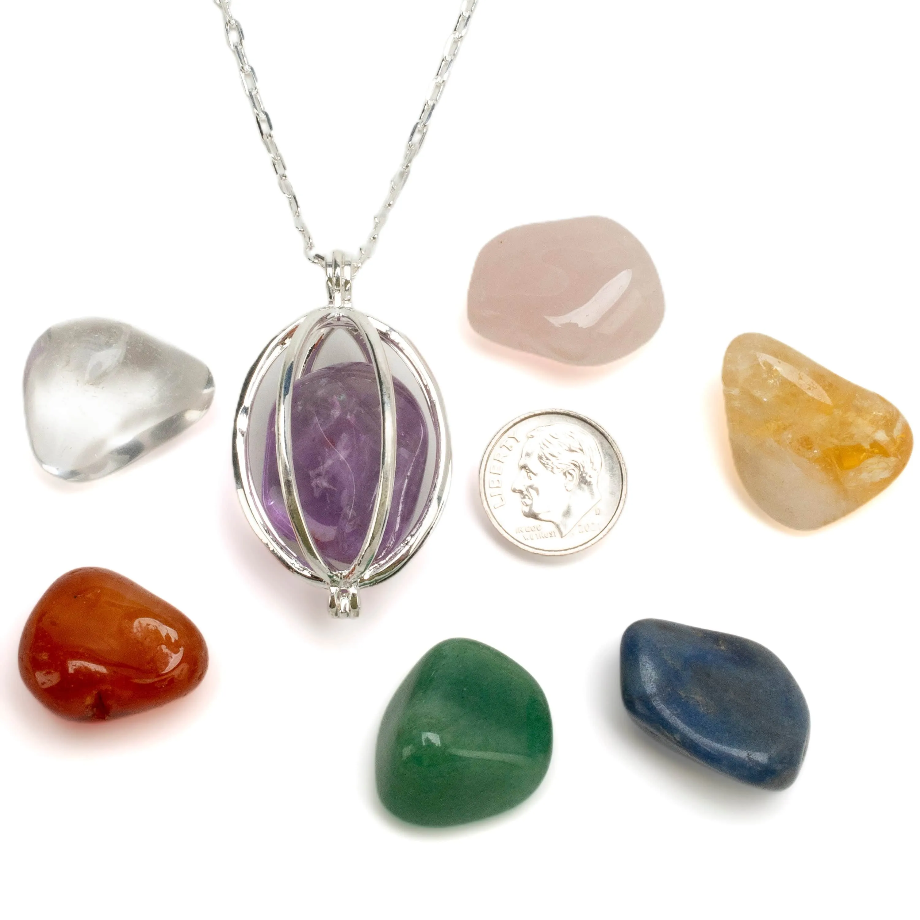 Silver Toned Convertible Chakra Pendant with Replaceable Tumbled Stones