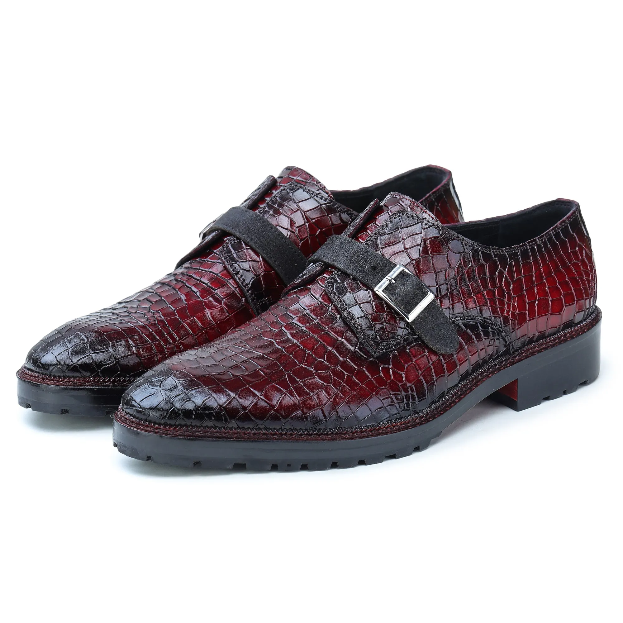 Single Monk Strap - Croc Wine Red