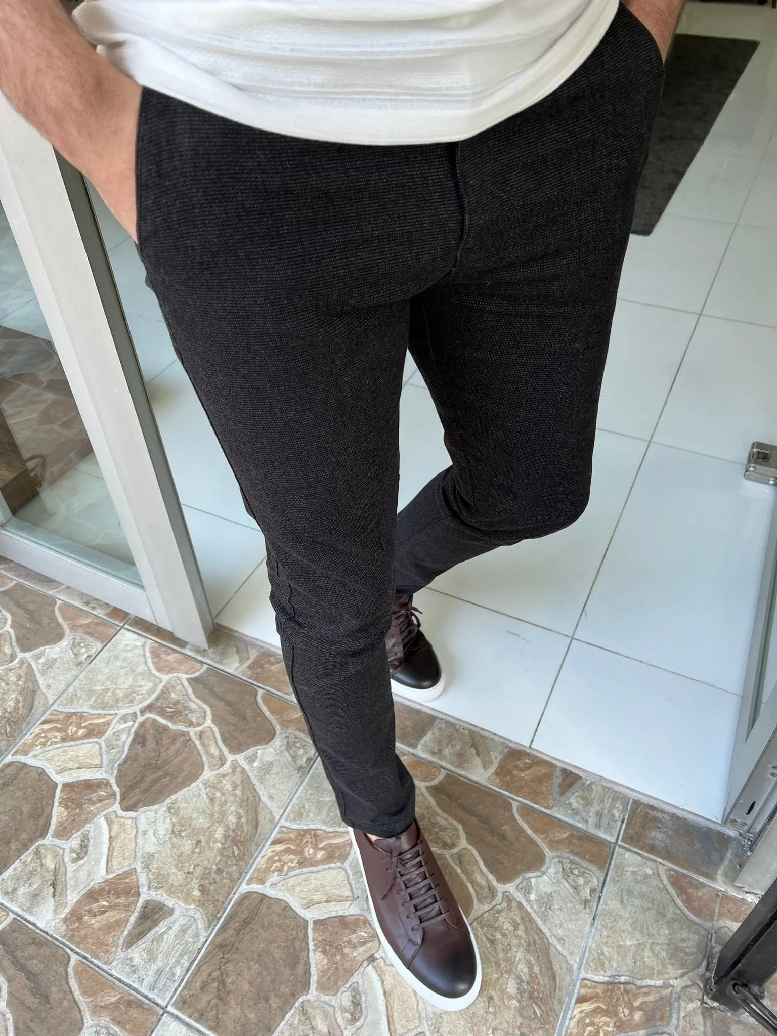 Slim Fit Micro Pattern Black Pants