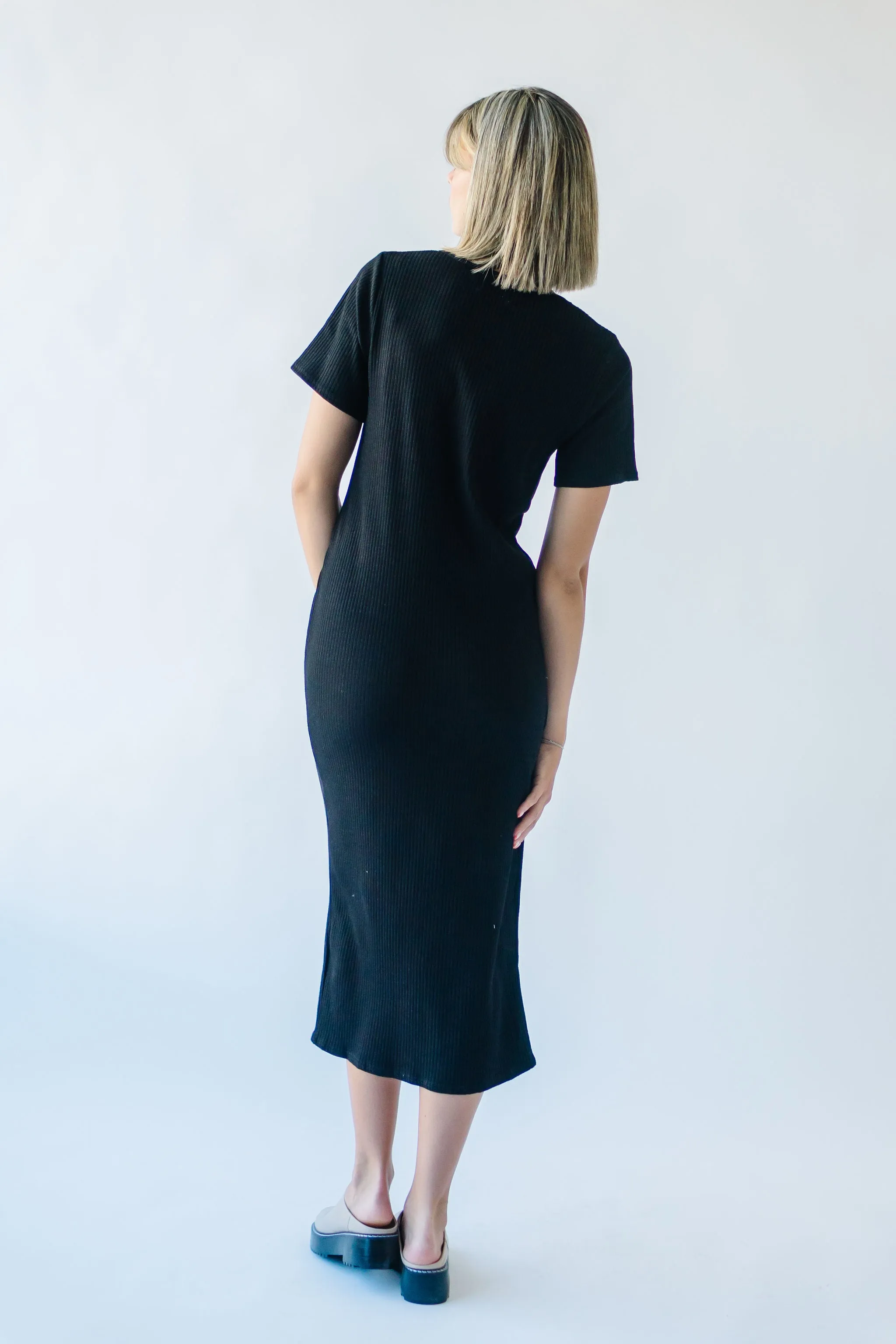 The Pomona Ribbed Button Dress in Black