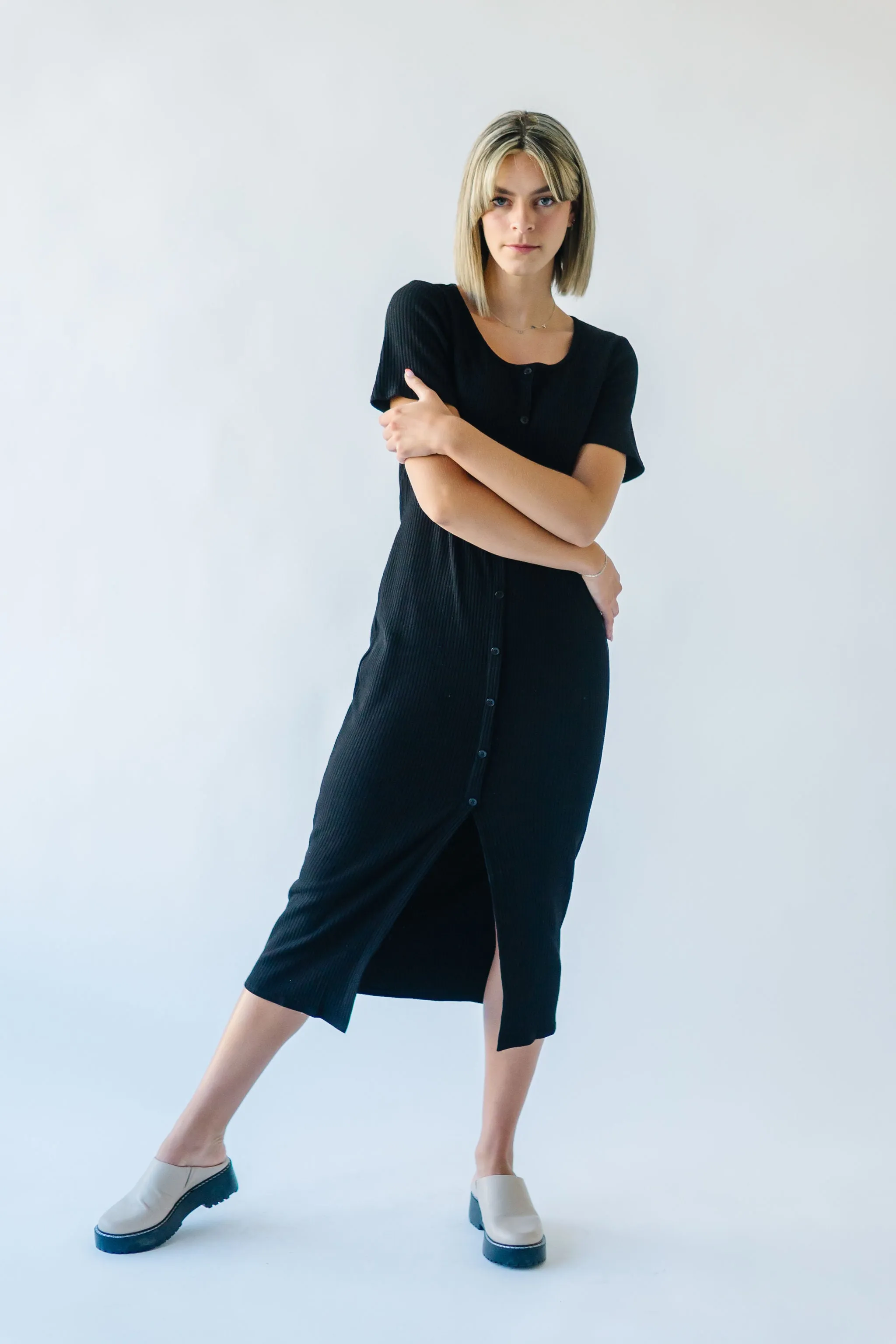 The Pomona Ribbed Button Dress in Black