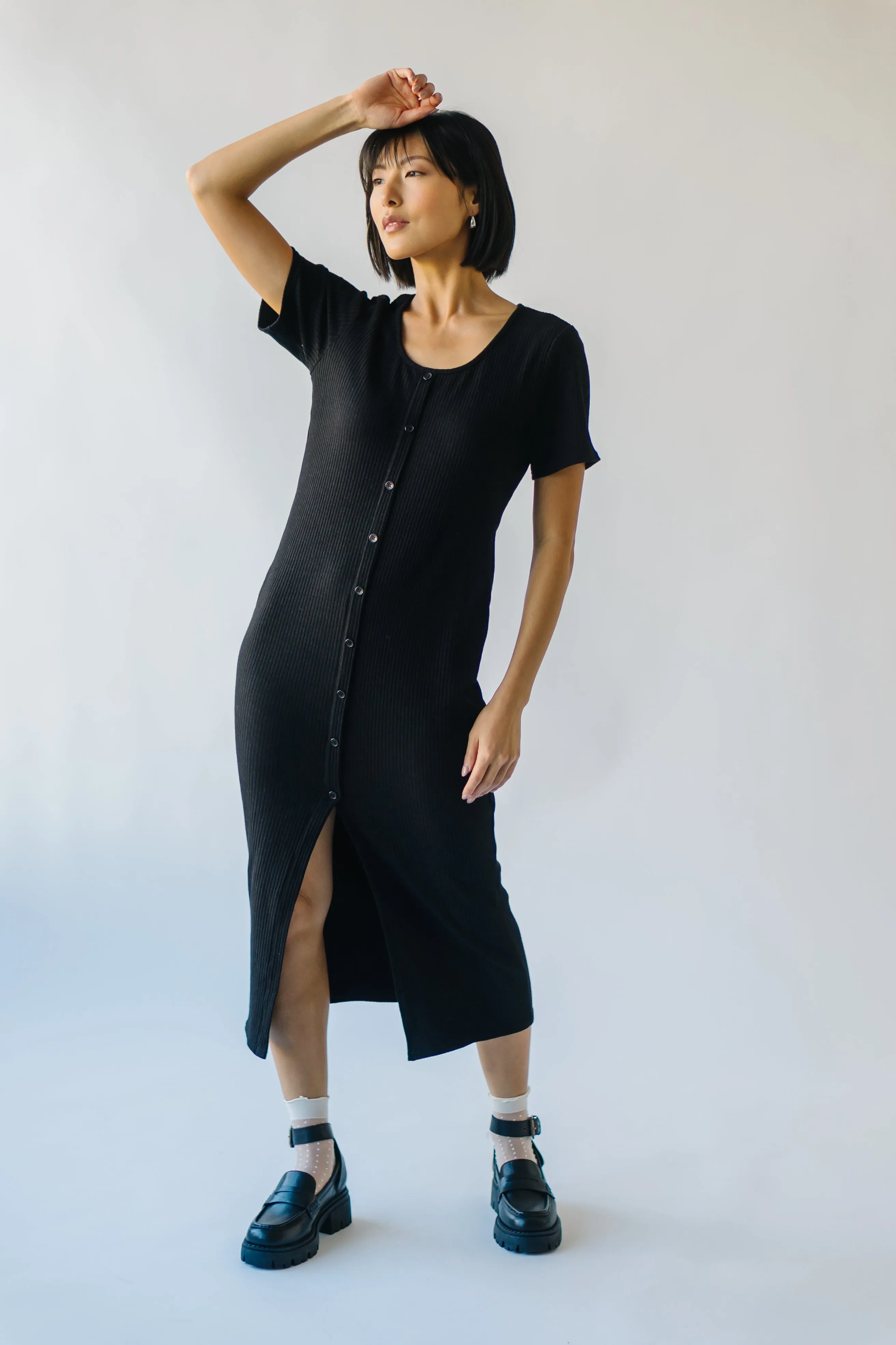 The Pomona Ribbed Button Dress in Black