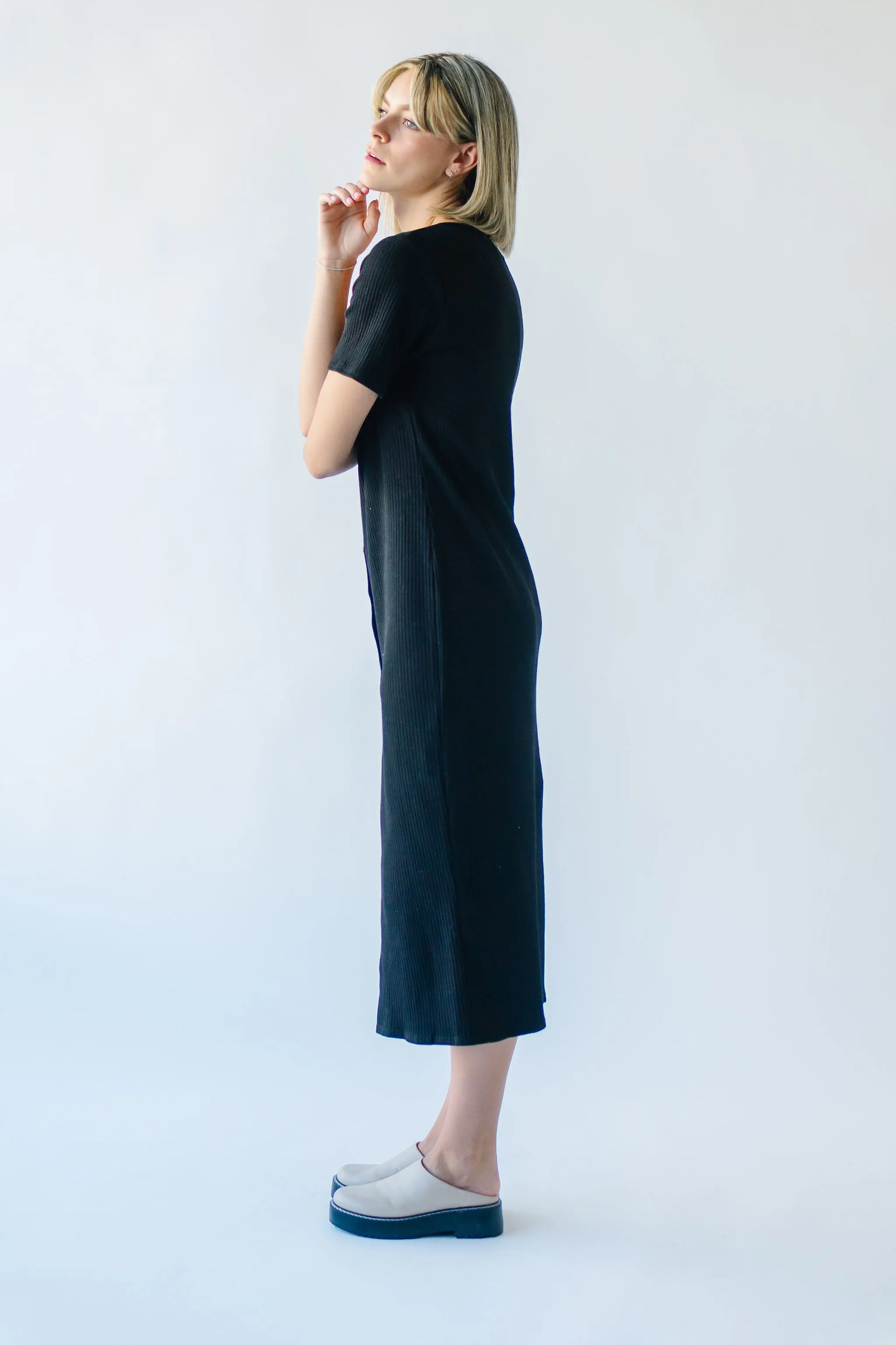 The Pomona Ribbed Button Dress in Black