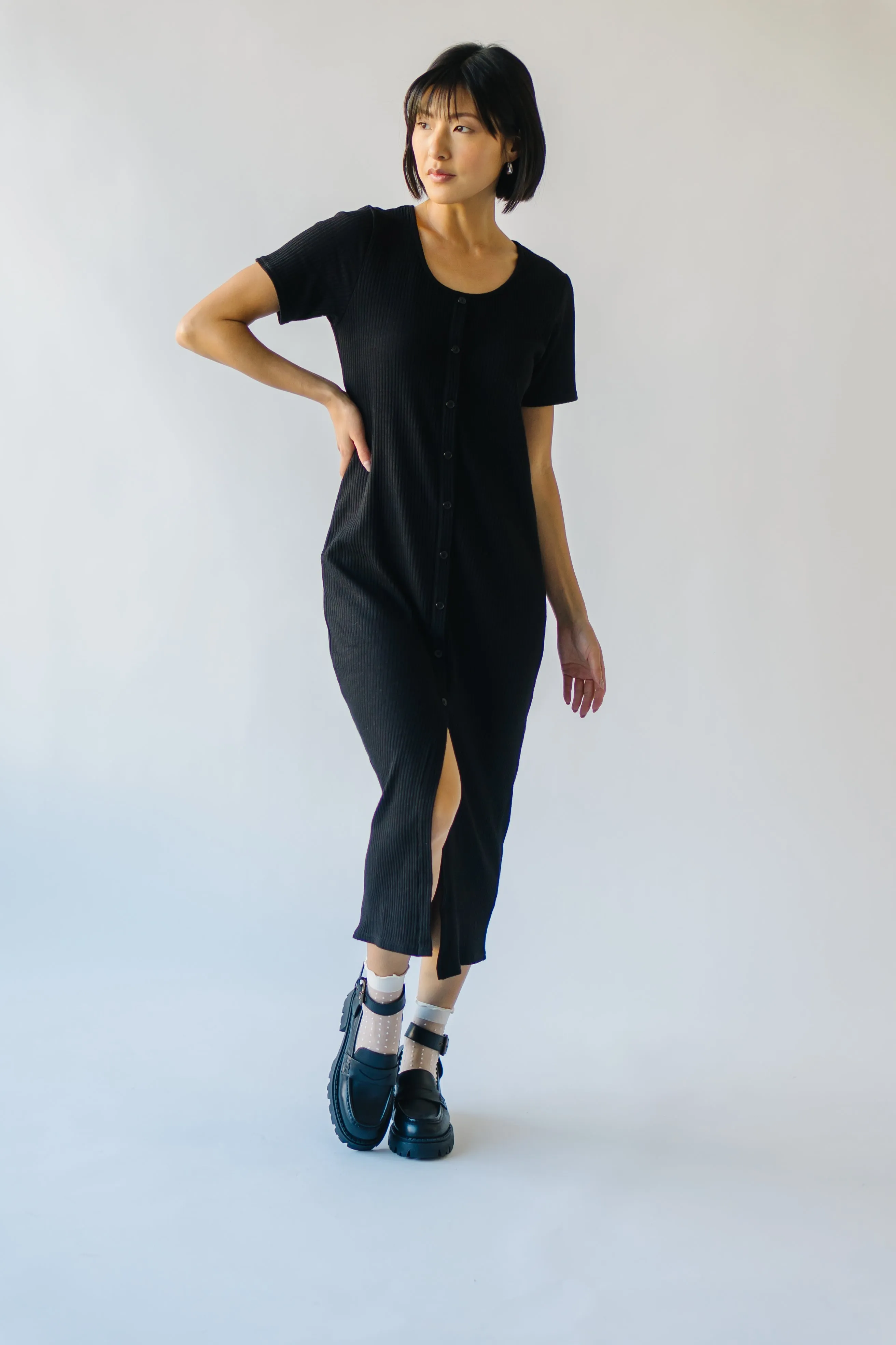 The Pomona Ribbed Button Dress in Black