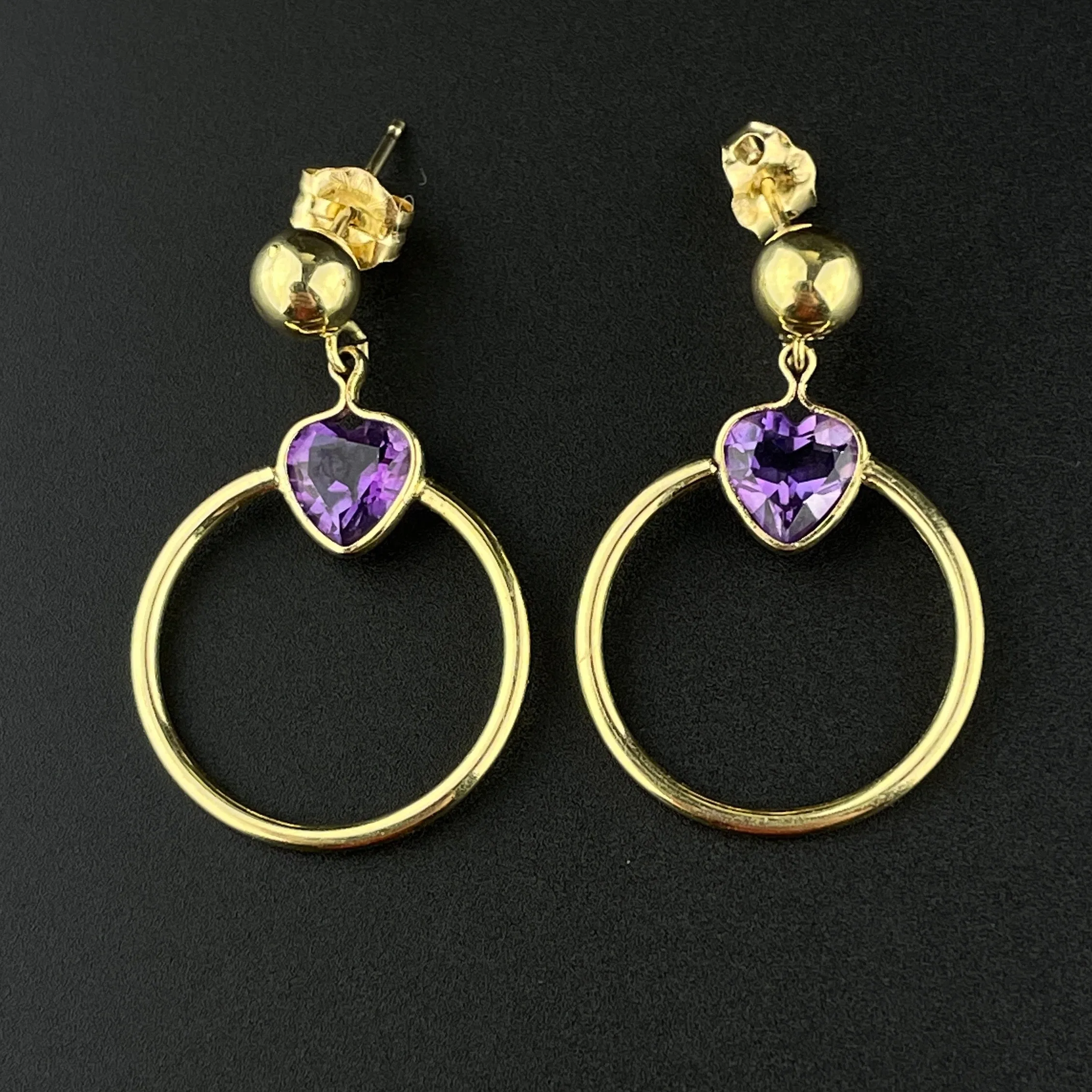 Vintage 14K Gold Amethyst Heart Hoop Post Earrings