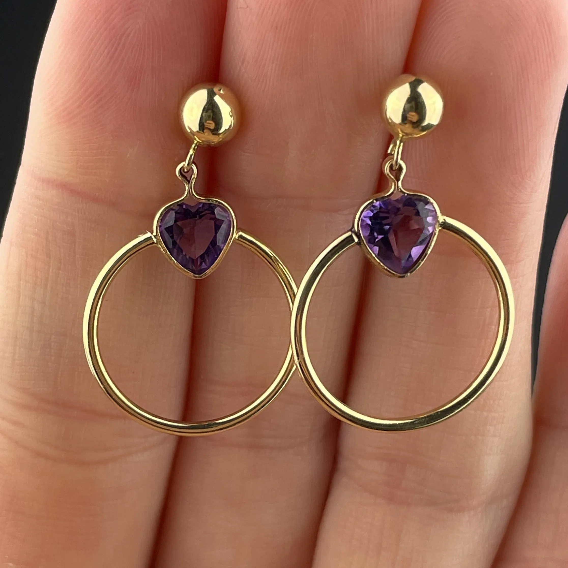 Vintage 14K Gold Amethyst Heart Hoop Post Earrings