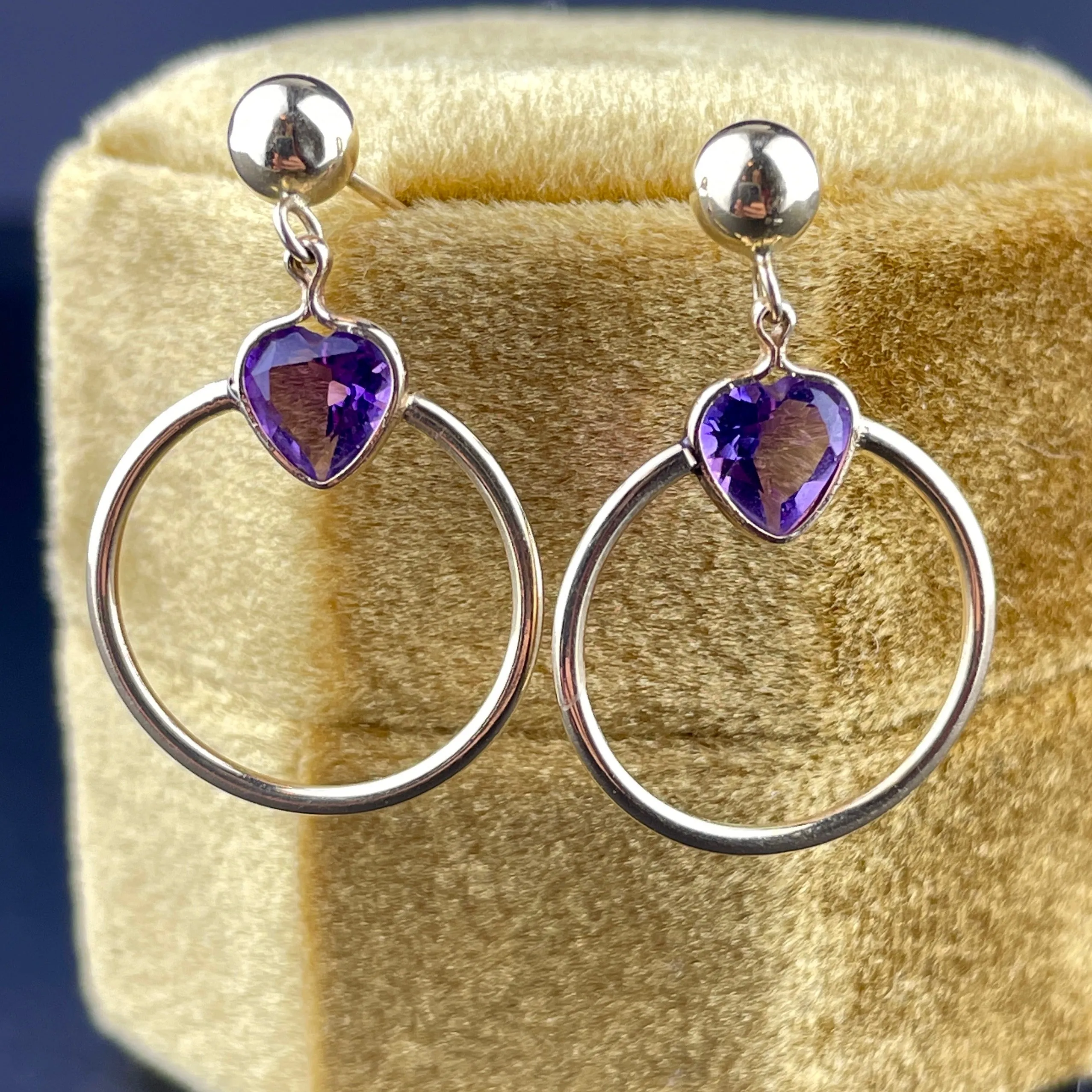 Vintage 14K Gold Amethyst Heart Hoop Post Earrings