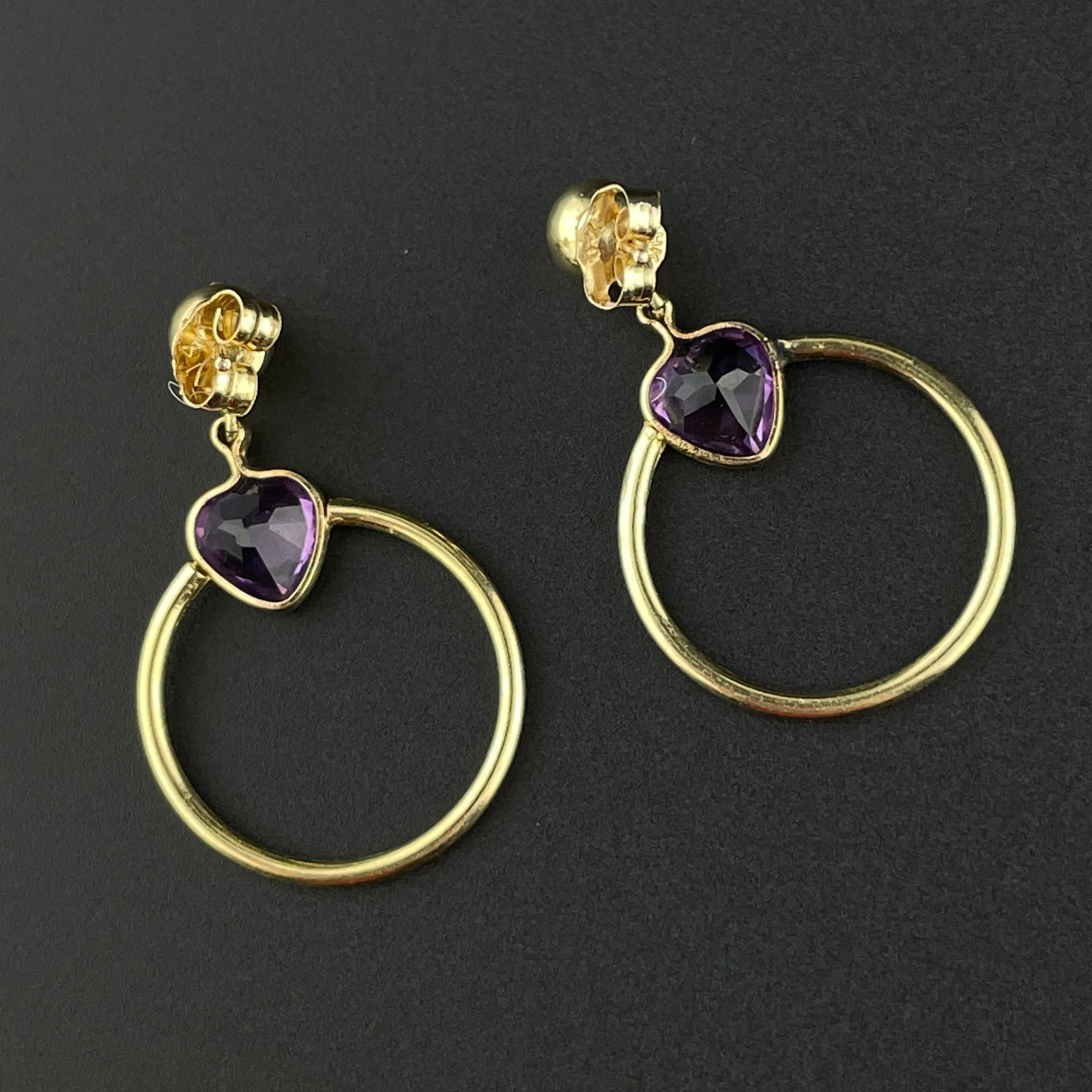 Vintage 14K Gold Amethyst Heart Hoop Post Earrings