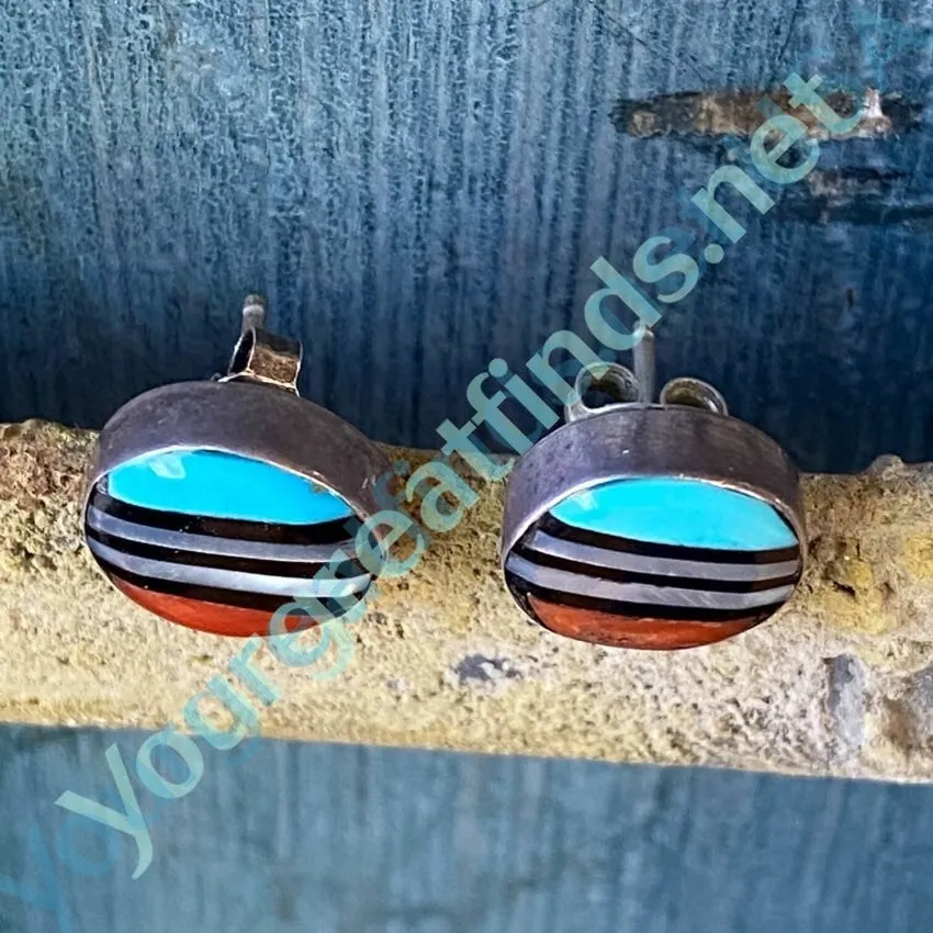 Vintage Zuni Sterling Silver Channel Inlay Stud Pierced Earrings