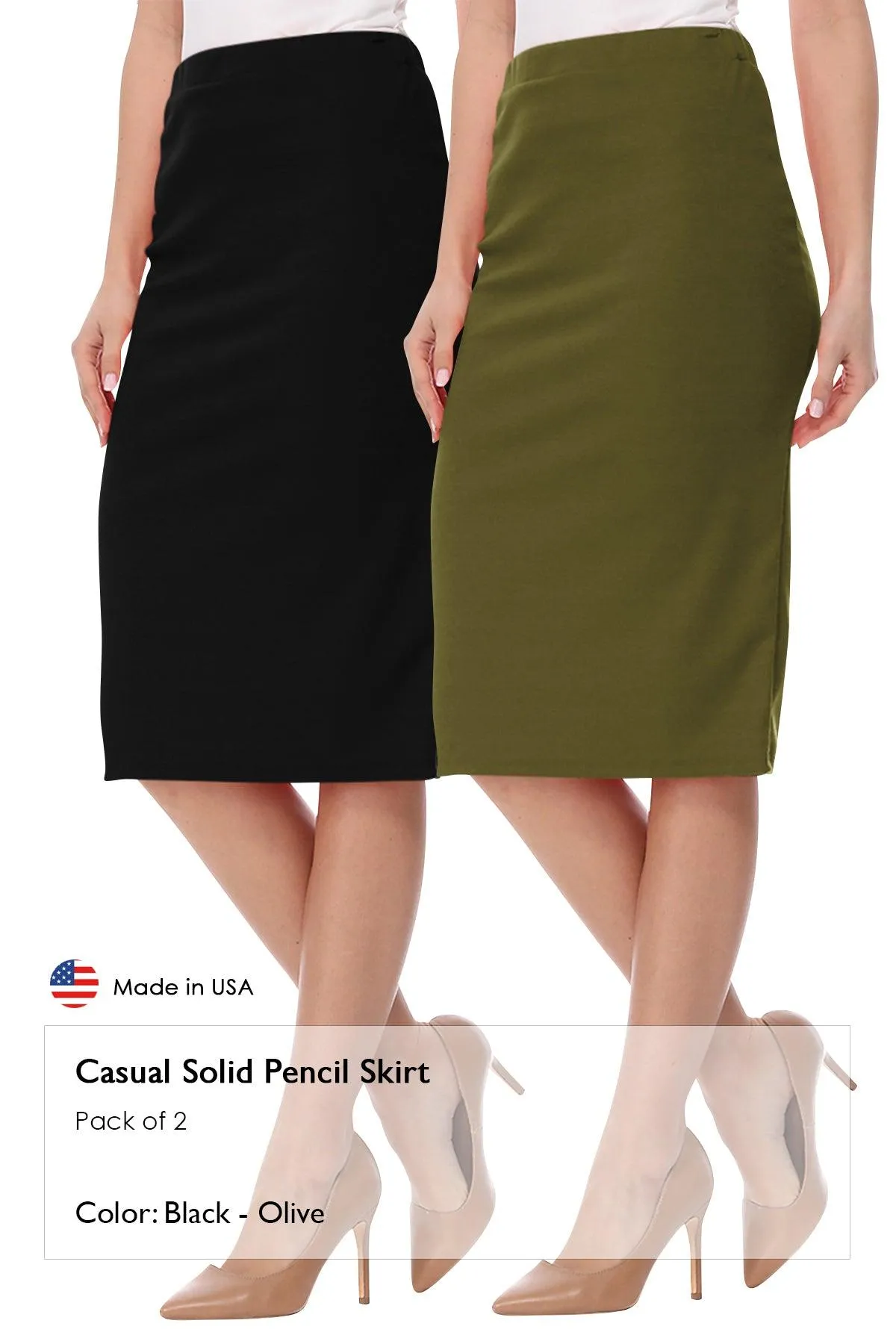 Women's Casual High Waist Stretch Pencil Skirt(Pack of 2)