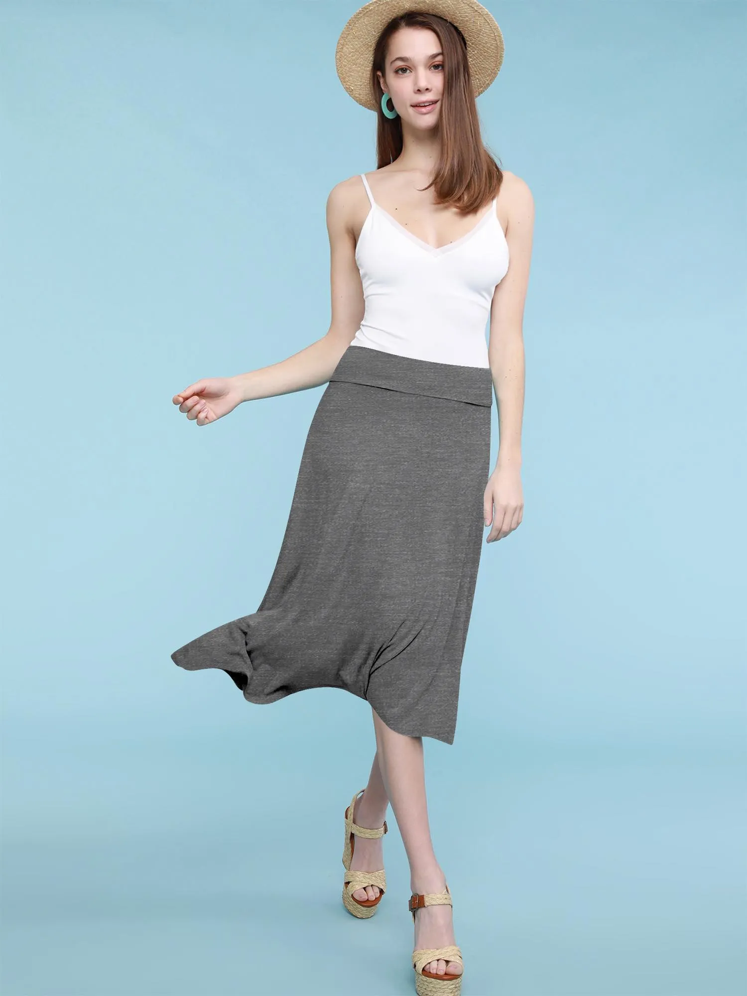 Women's Solid Lightweight Flare Midi Pull On Skirt