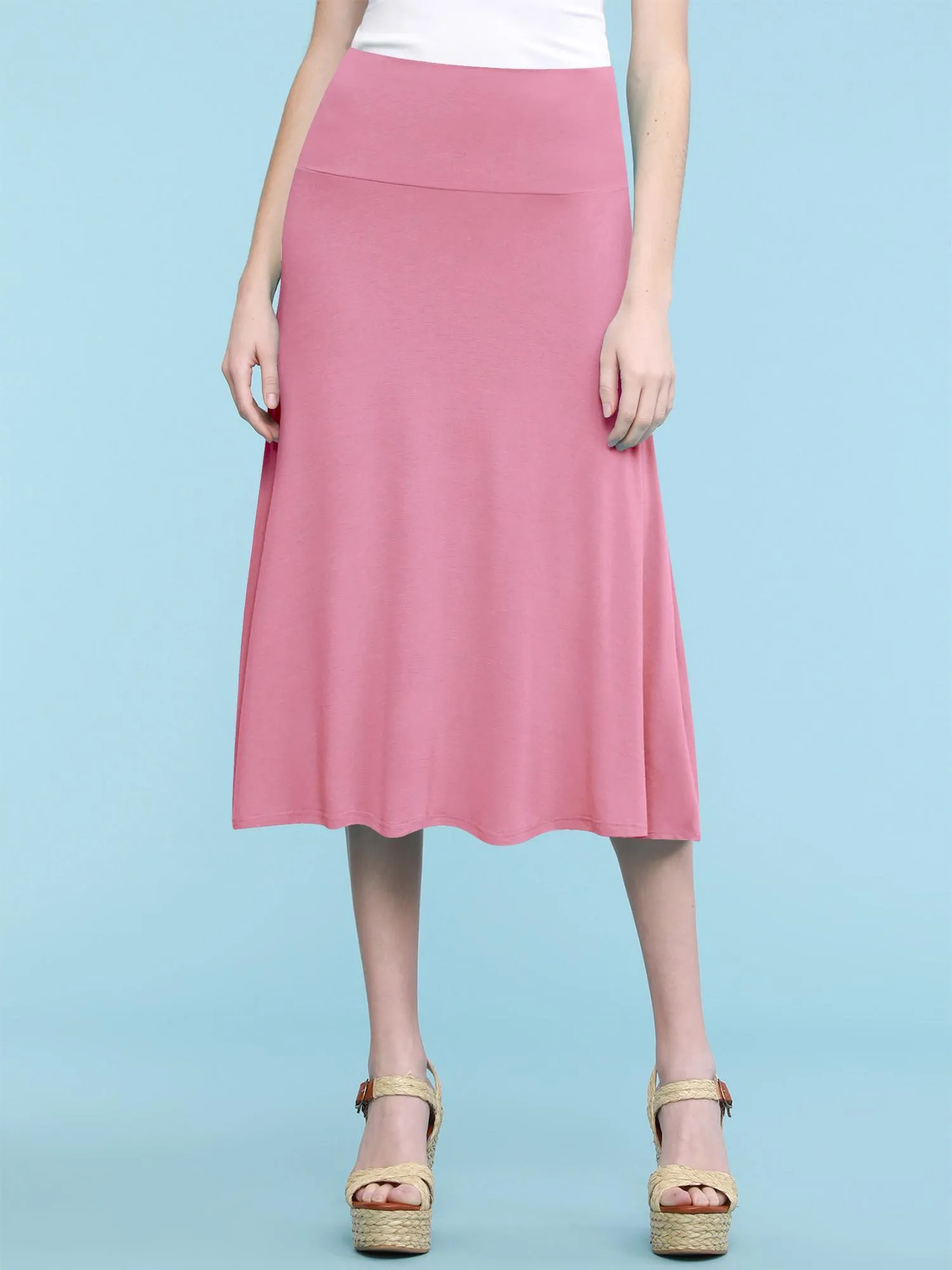 Women's Solid Lightweight Flare Midi Pull On Skirt