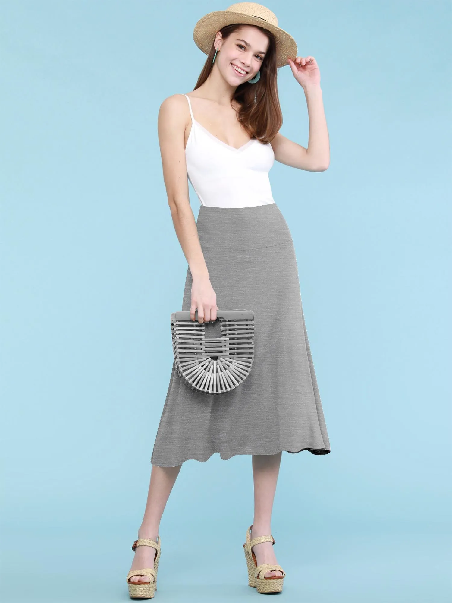 Women's Solid Lightweight Flare Midi Pull On Skirt