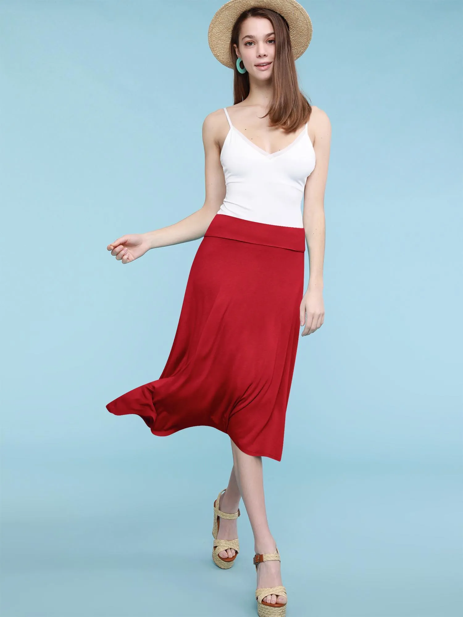 Women's Solid Lightweight Flare Midi Pull On Skirt