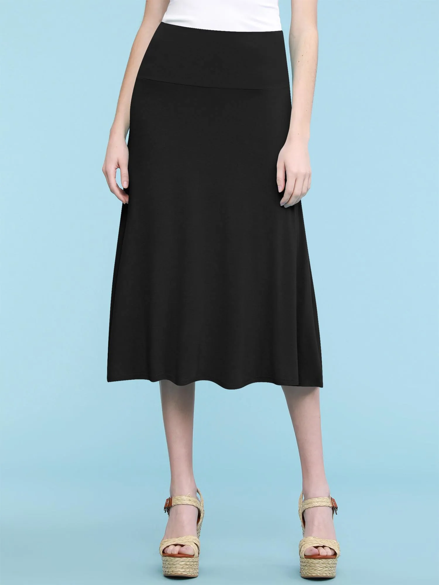 Women's Solid Lightweight Flare Midi Pull On Skirt