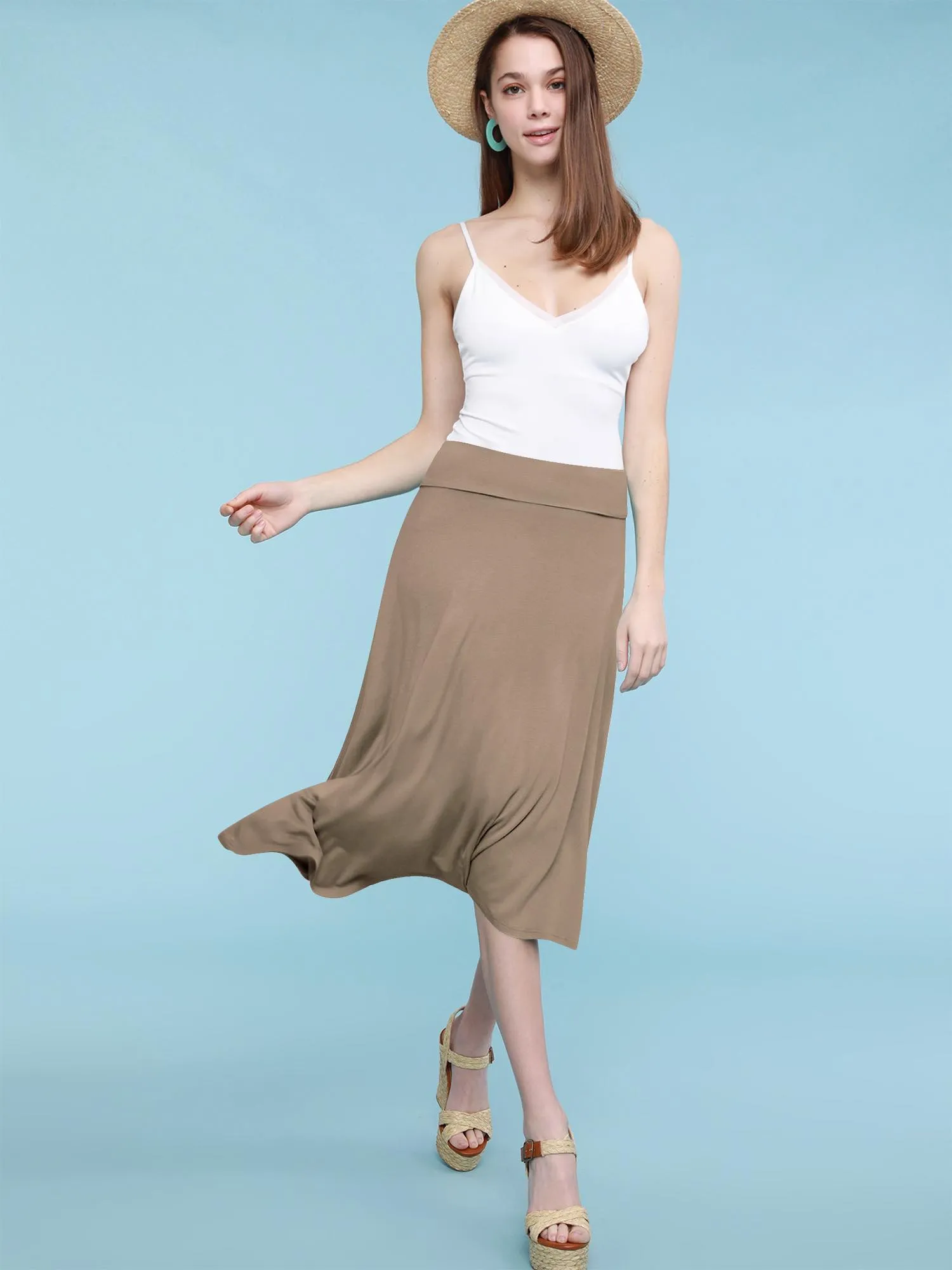 Women's Solid Lightweight Flare Midi Pull On Skirt