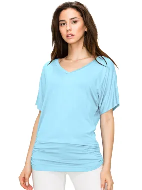 Womens Solid Short Sleeve V-Neck Dolman Top with Side Shirring