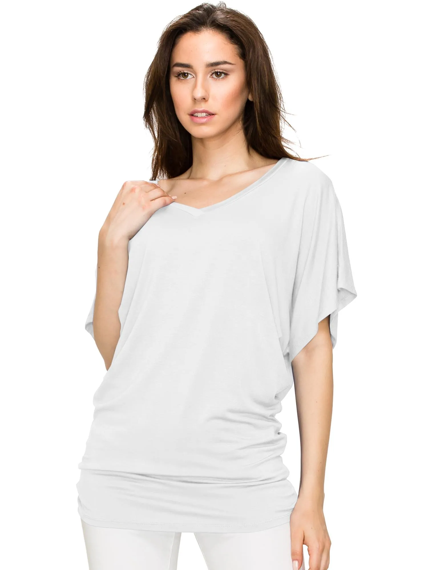 Women's Solid Short Sleeve V Neck Dolman Top