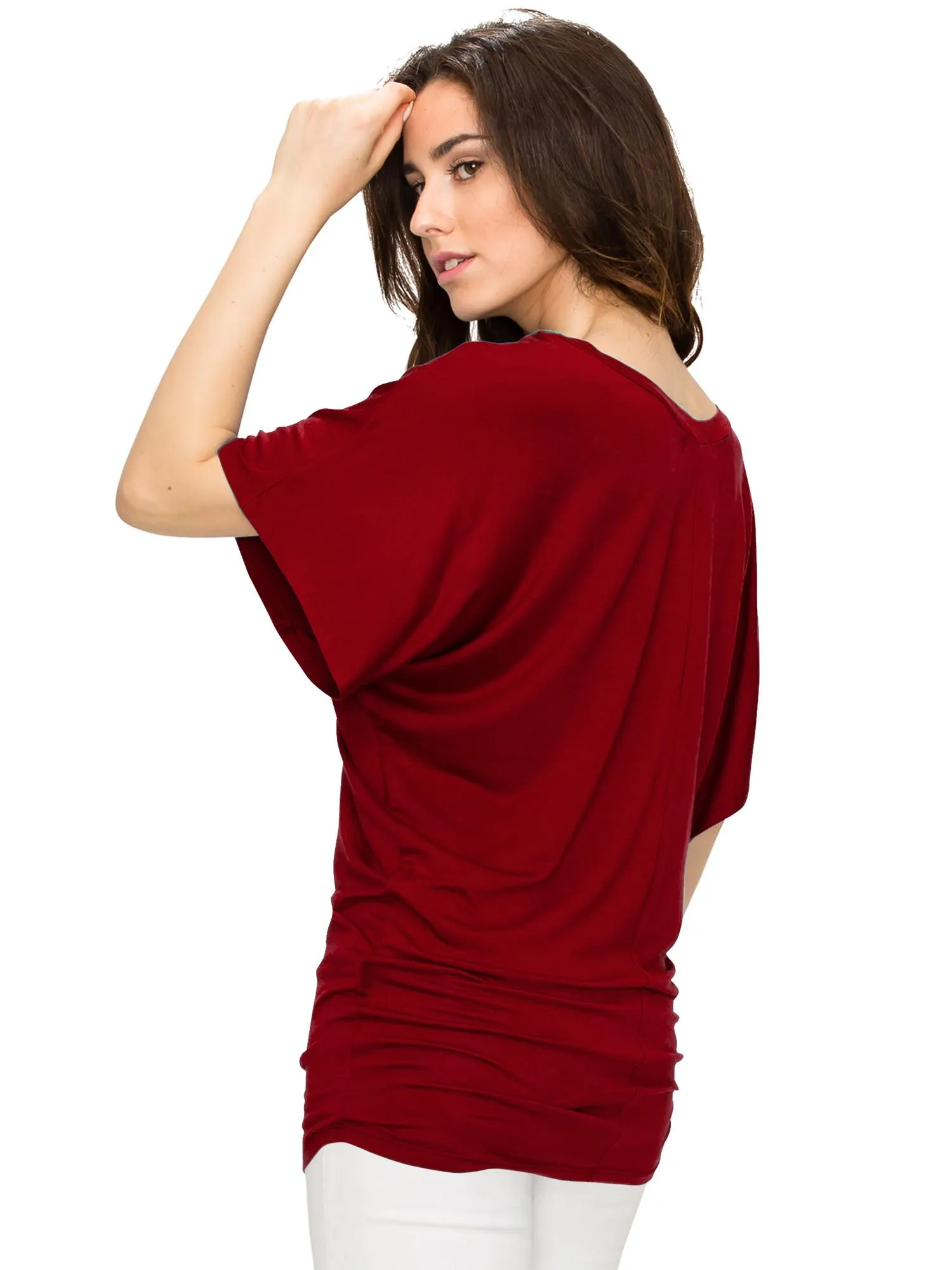 Women's Solid Short Sleeve V Neck Dolman Top