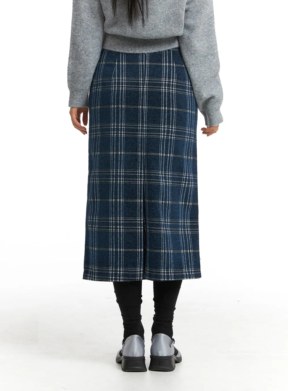 Wool-Like Mid Waist Plaid Maxi Skirt OJ405