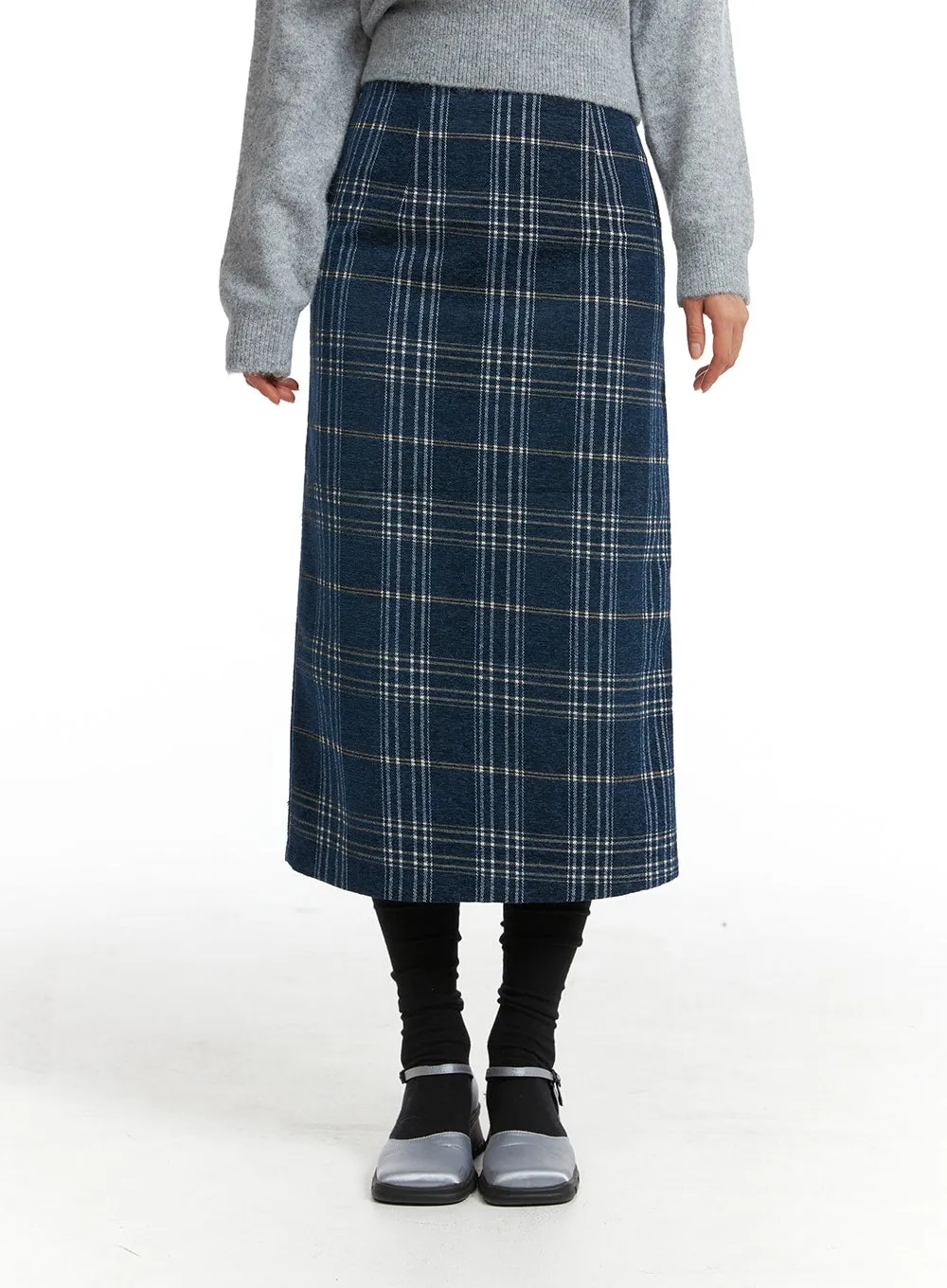 Wool-Like Mid Waist Plaid Maxi Skirt OJ405